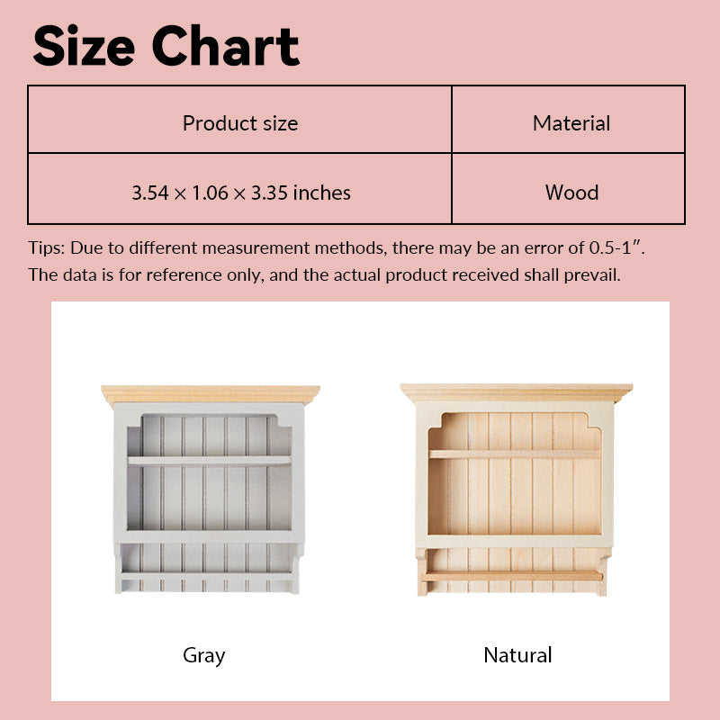 Wooden 2-tier hanging shelf size chart in gray and natural, reference for 1:12 scale dollhouse kitchen or room layout