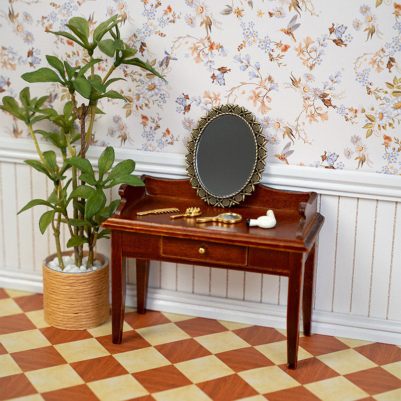 Dollhouse bedroom vanity scene with wooden dressing table, floral wallpaper decor and mirror for warm 1:12 scale rooms