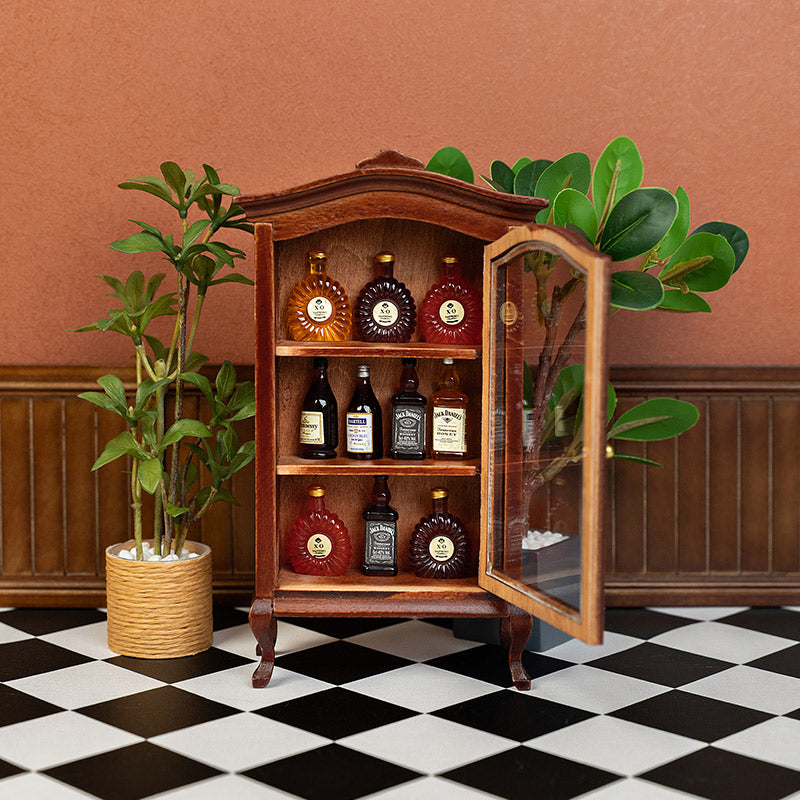Openable wooden bar cabinet mid scene with tiny wine collection, dollhouse kitchen or lounge styling on checkered floor, vintage cozy charm