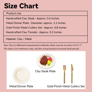 Size chart showing measurements of a handcrafted clay steak set for a 1:12 scale dollhouse