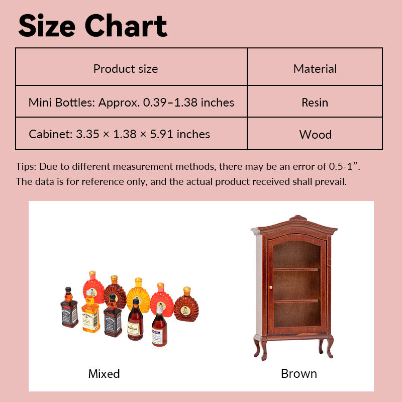 Miniature cabinet and wine set size chart, mixed resin bottles and brown walnut cabinet dimensions for 1:12 scale dollhouse furniture planning