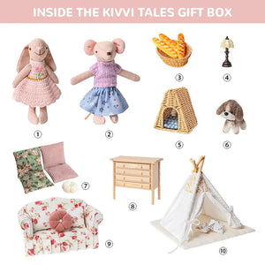 Complete miniature living room set with bunny and mouse figures, sofa, tent, lamp, puppy and accessories for 1:12 scale display.