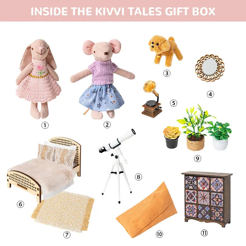 Complete gift box contents with 1:12 furniture, carved bed, telescope, rug, gramophone, and plants.