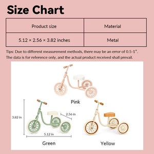 Dollhouse miniature tricycle size chart showing pink, green and yellow vintage metal styles in 1:12 scale