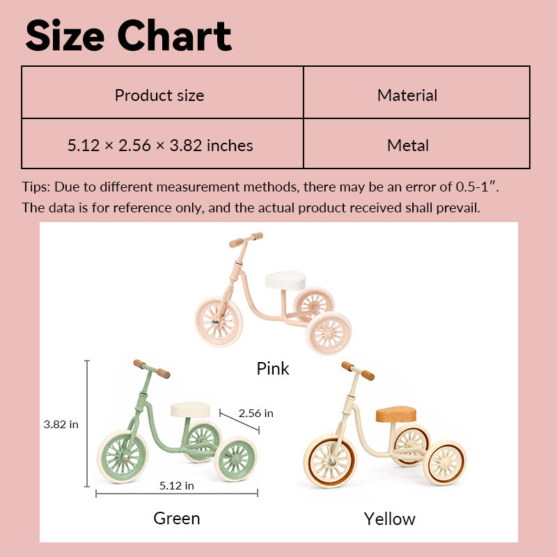 Dollhouse miniature tricycle size chart showing pink, green and yellow vintage metal styles in 1:12 scale