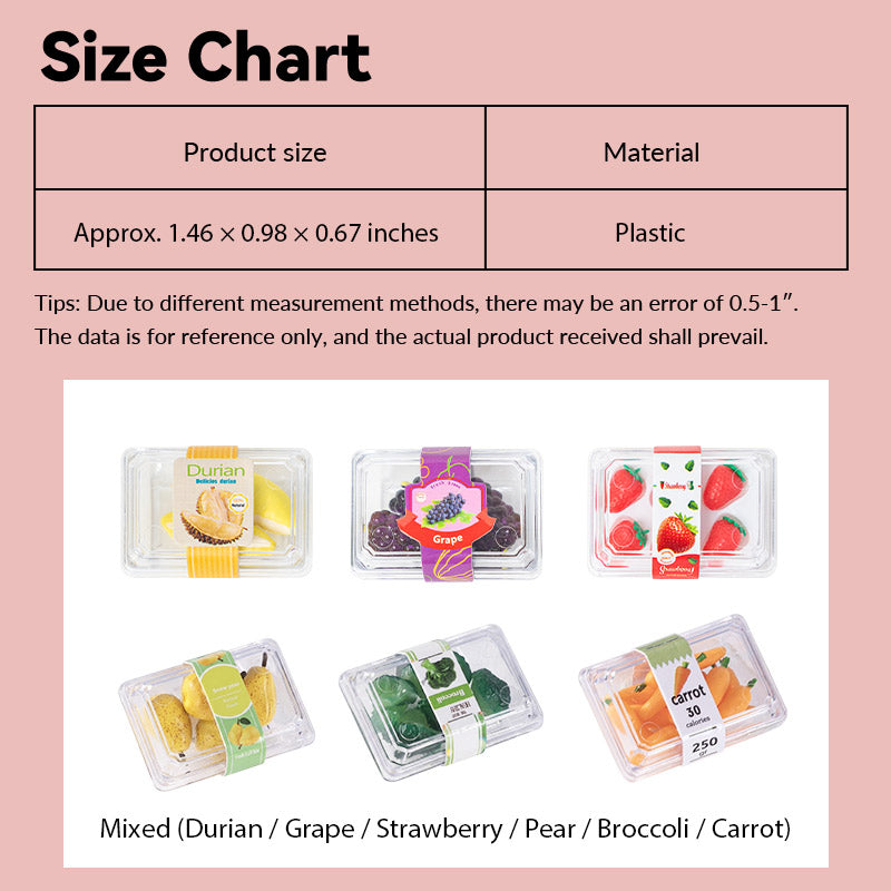 Mixed produce size chart with Dollhouse Supermarket Fruit & Vegetable boxes, clear packaged grocery set sized for 1:12 scale kitchen or shop planning