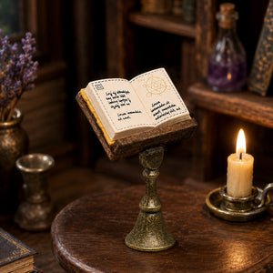Antique lectern and open book beside a candle, creating a mysterious little reading corner in a witchy study