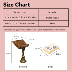 dollhouse lectern size chart showing antique brass reading stand and separate open book in 1:12 scale