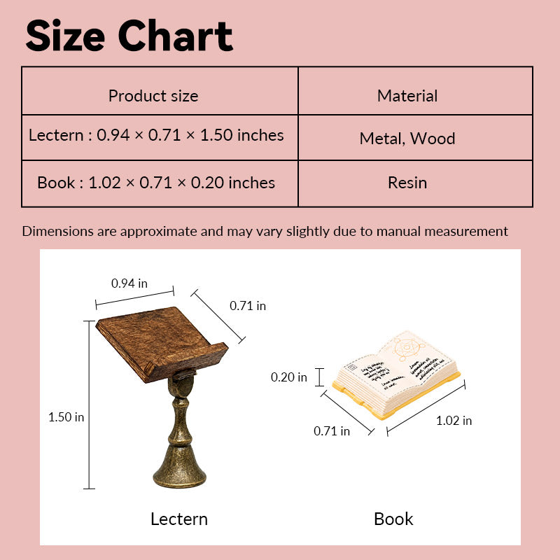 dollhouse lectern size chart showing antique brass reading stand and separate open book in 1:12 scale