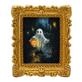 Miniature picture frame with a sweet ghost portrait and ornate gold baroque details for 1:12 Halloween decor