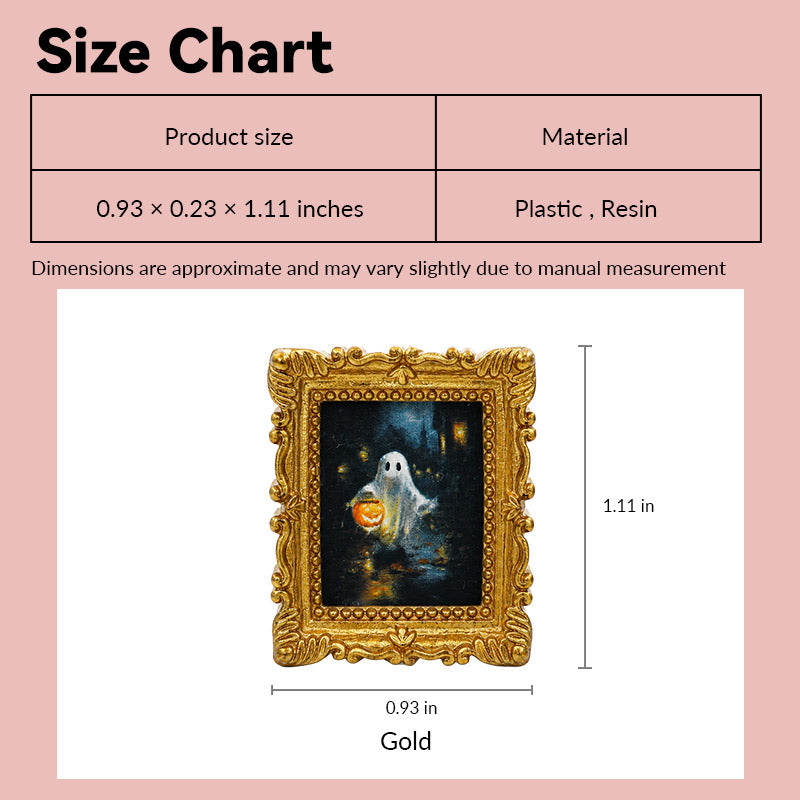 miniature picture frame size chart showing gold baroque ghost portrait design in 1:12 scale