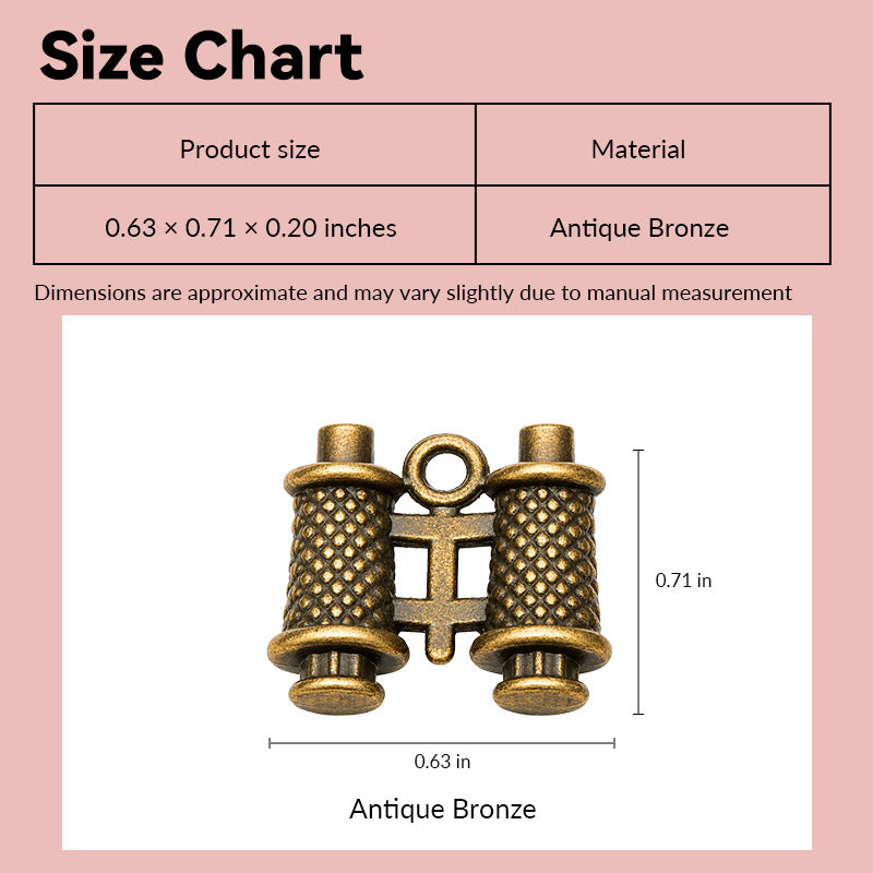 Dollhouse binoculars size chart showing antique bronze finish in 1:12 scale