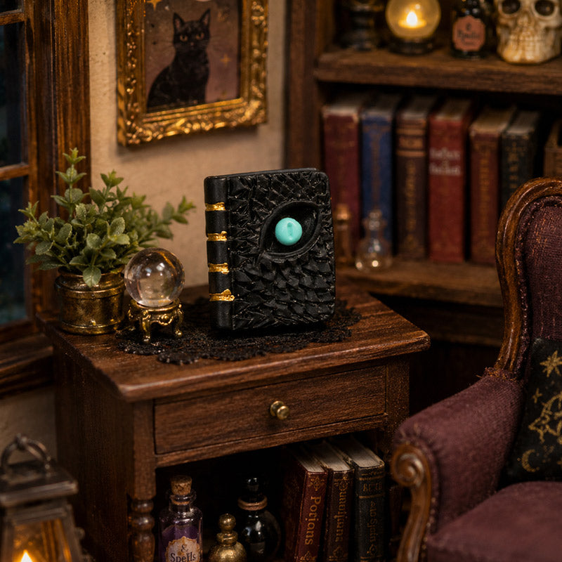Dragon eye grimoire beside a crystal ball and potions in a cozy witch’s study and magic library scene