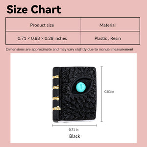 Miniature dragon eye spell book size chart showing black resin design and 0.71 × 0.83 × 0.28-inch dimensions in 1:12 scale