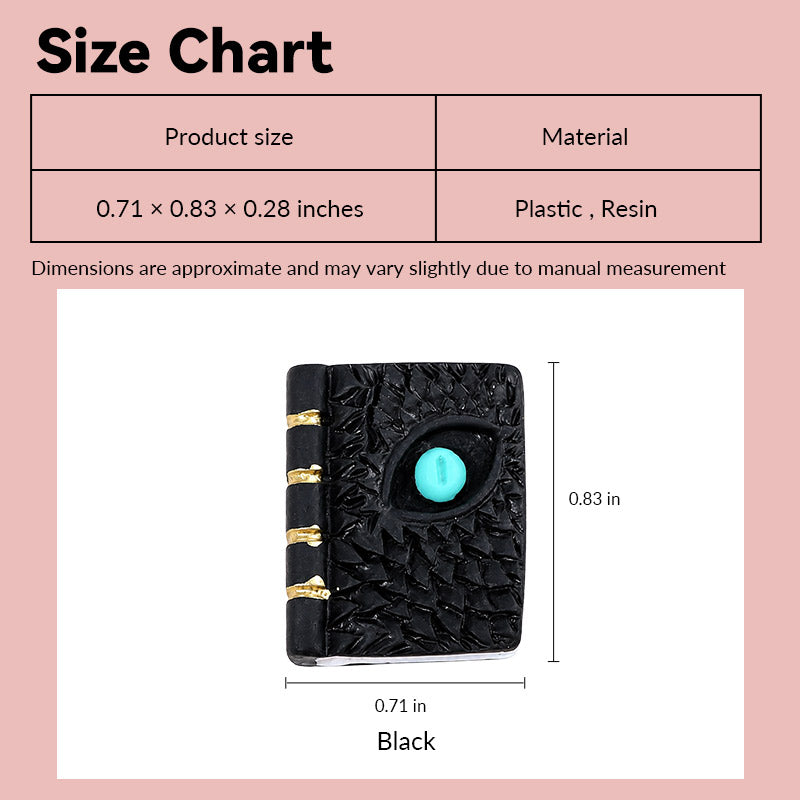 Miniature dragon eye spell book size chart showing black resin design and 0.71 × 0.83 × 0.28-inch dimensions in 1:12 scale