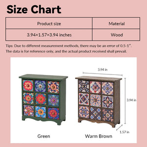dollhouse cabinet size chart showing warm brown and green bohemian tile styles in 1:12 scale