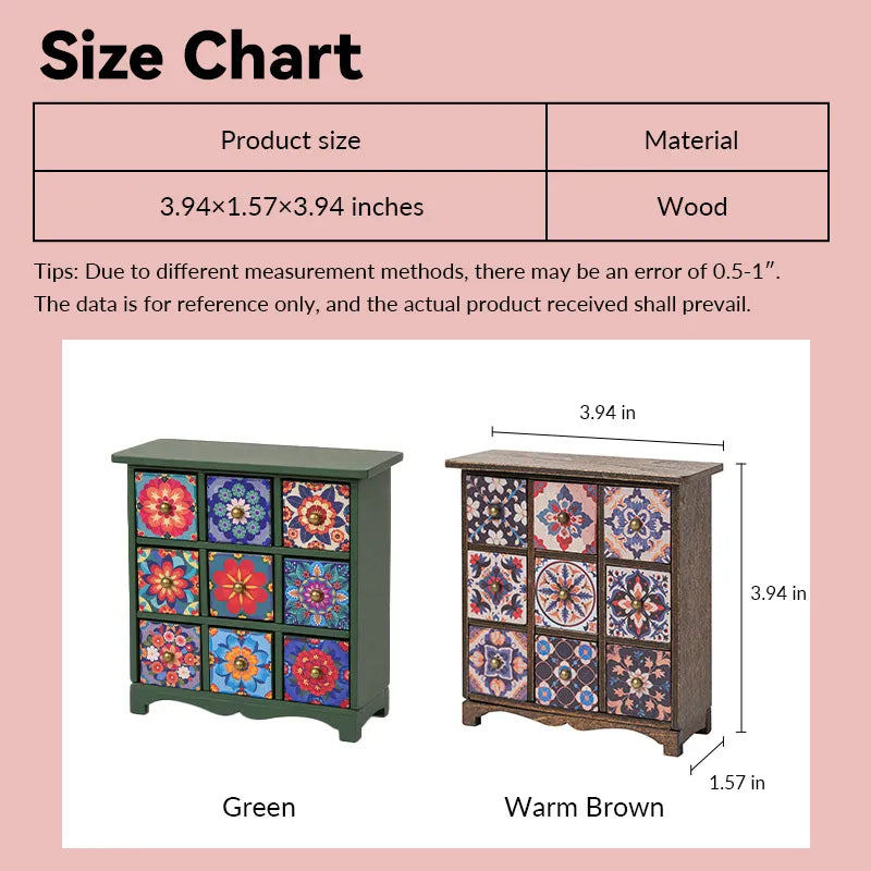 dollhouse cabinet size chart showing warm brown and green bohemian tile styles in 1:12 scale