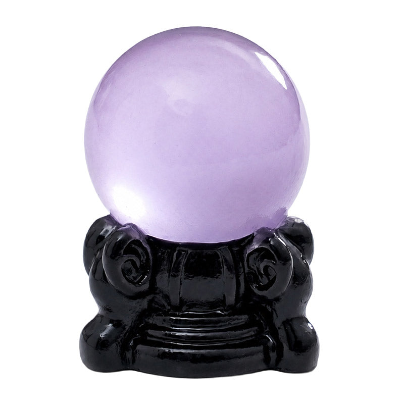 Miniature crystal ball with soft purple orb and black ornate stand for a magical dollhouse display or witchy decor.