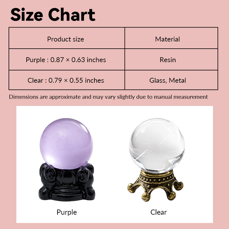 Miniature crystal ball size chart showing purple resin and clear glass styles with ornate stands in 1:12 scale