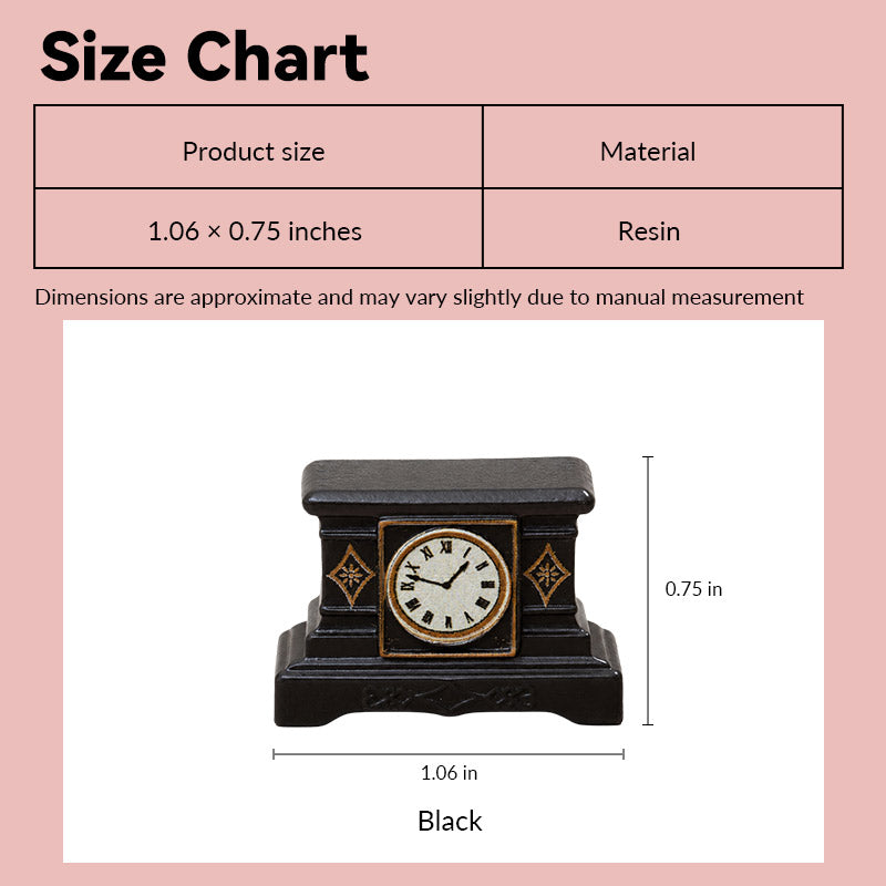 Dollhouse mantel clock size chart showing ornate black resin design in 1:12 scale
