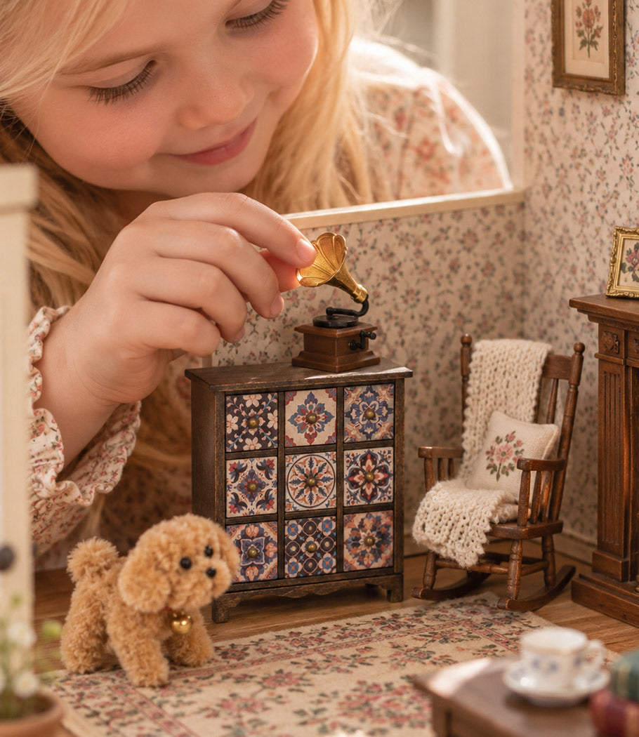 Child playing in a cozy dollhouse bedroom with gramophone, tiled cabinet, rocking chair and tiny puppy