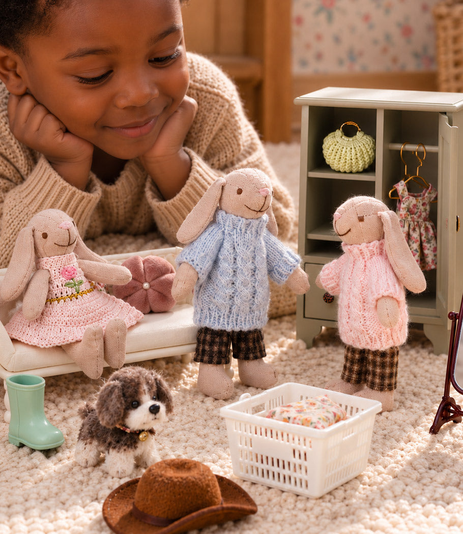 Child playing with dollhouse bunny family, wardrobe, tiny clothes and pet accessories in a cozy dressing room scene