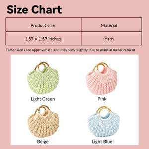 Dollhouse handbag size chart showing crochet yarn style in 1:12 scale