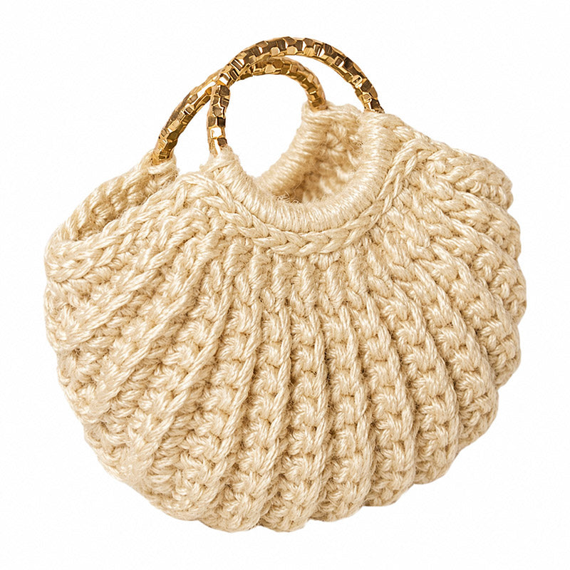 Beige dollhouse handbag with soft crochet texture and gold handles, perfect for warm neutral miniature styling