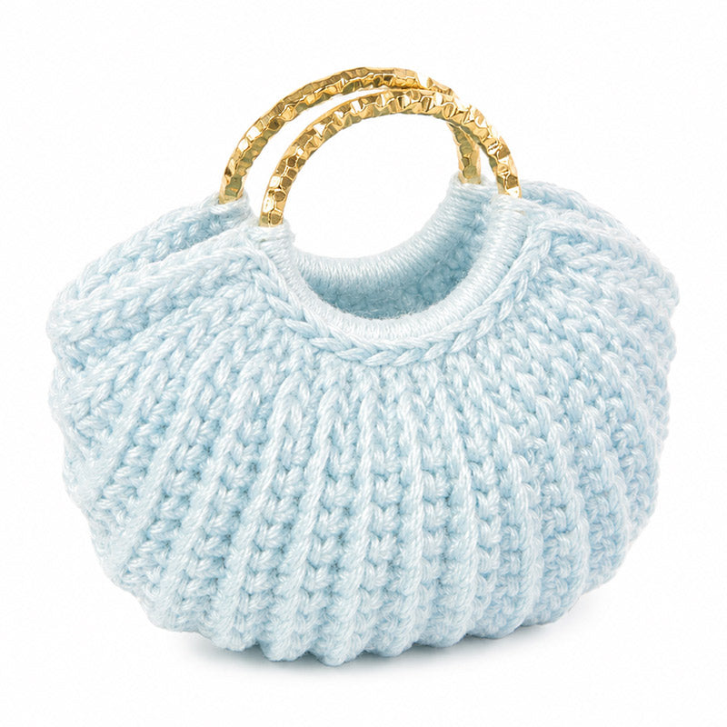 Light blue dollhouse handbag with hand-crocheted yarn and gold handles, a fresh accessory for tiny wardrobes