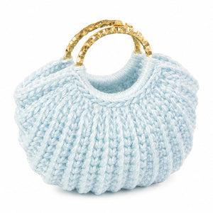 Light blue dollhouse handbag with hand-crocheted yarn and gold handles, a fresh accessory for tiny wardrobes