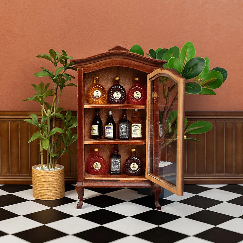 Openable wooden bar cabinet mid scene with tiny wine collection, dollhouse kitchen or lounge styling on checkered floor, vintage cozy charm
