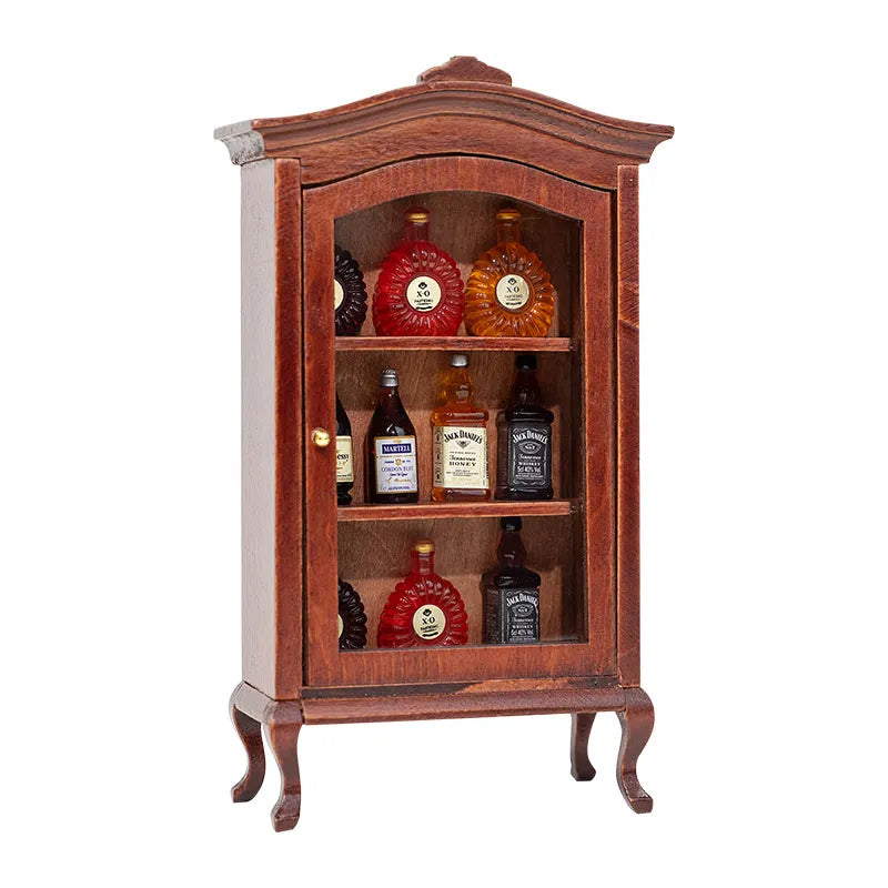 Dollhouse Miniature Cabinet filled with mixed resin wine bottles, walnut finish bar display for cozy dining room or kitchen scenes, 1:12 scale vintage charm