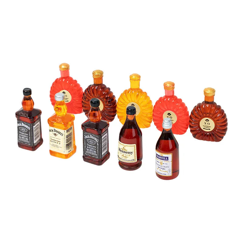 Miniature wine bottles set of 10 in assorted colors, tiny dollhouse bar accessories for dining table, cabinet shelves, or festive party scenes