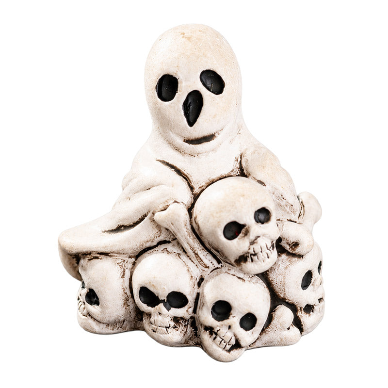Dollhouse Halloween decorations with ghost and skull pile resin figurine for a playful spooky miniature scene.