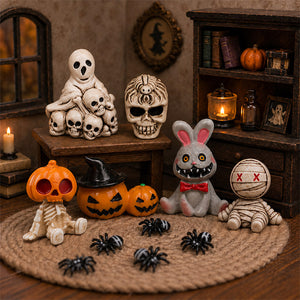 Tiny Halloween figurines gathered in a cozy haunted room with pumpkins, skulls, mummy, bunny, and mini spiders.