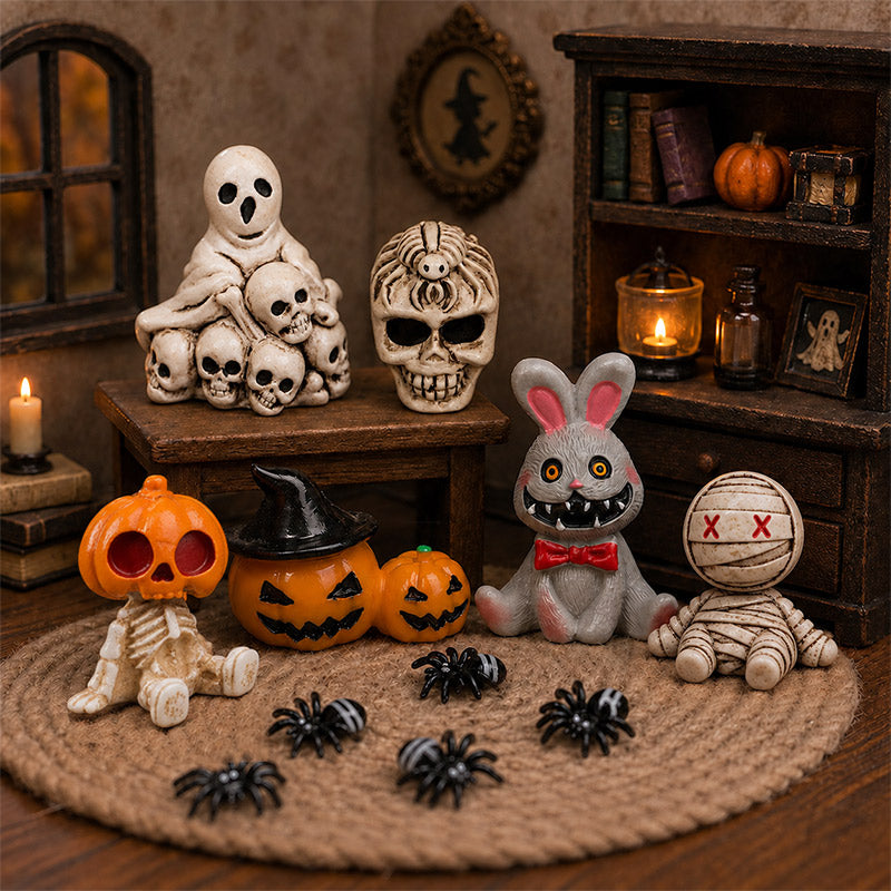 Tiny Halloween figurines gathered in a cozy haunted room with pumpkins, skulls, mummy, bunny, and mini spiders.