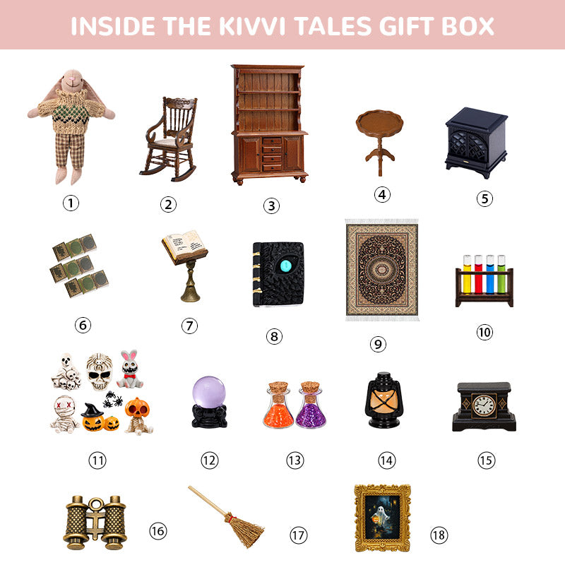 Halloween Dollhouse Set with bunny figure, vintage furniture and witchy miniatures for a cozy 1:12 study scene
