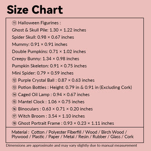 Size guide for Halloween miniatures including figurines, crystal ball, potion bottles, broom and ghost portrait