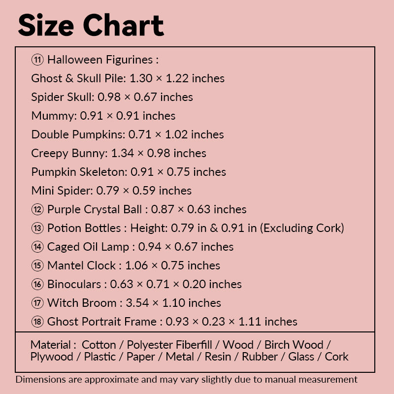 Size guide for Halloween miniatures including figurines, crystal ball, potion bottles, broom and ghost portrait