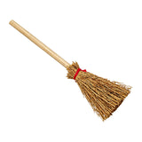 Dollhouse broom with a slender wood handle, rustic bundled bristles and red binding for cozy miniature scenes.