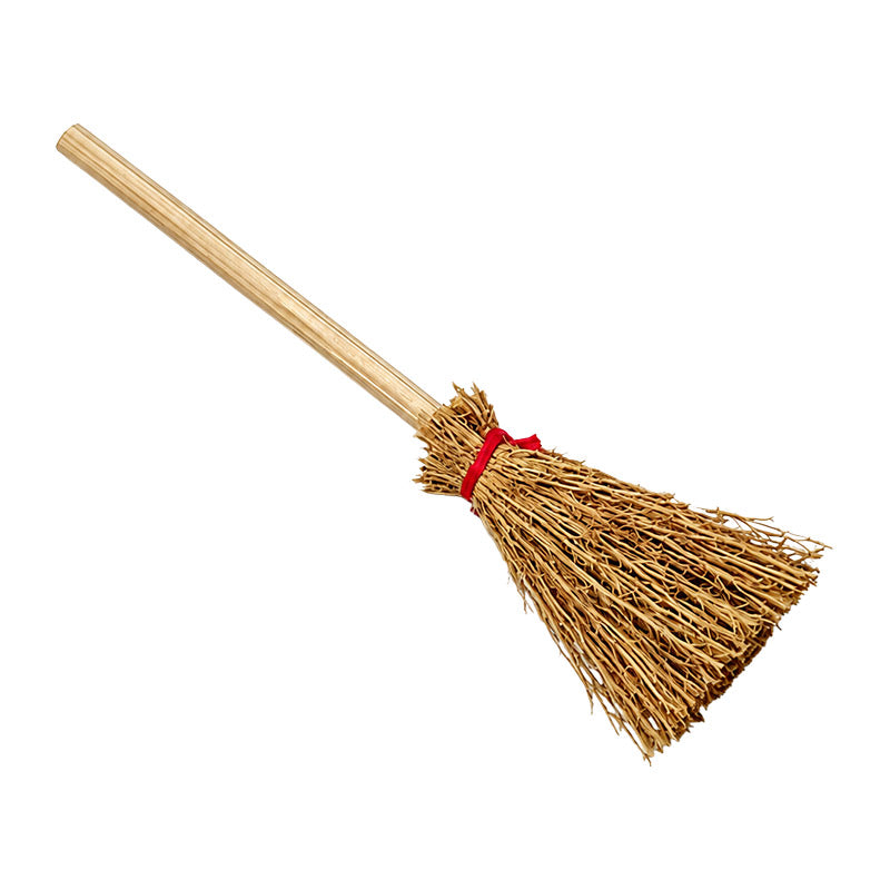 Dollhouse broom with a slender wood handle, rustic bundled bristles and red binding for cozy miniature scenes.