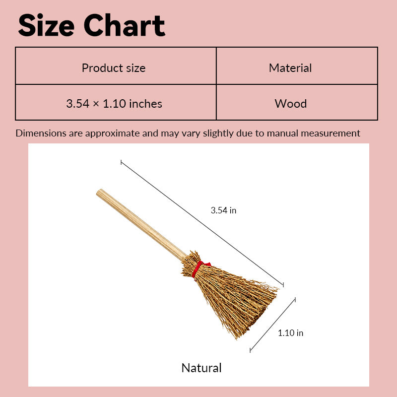 dollhouse broom size chart showing rustic wood-handle style in 1:12 scale