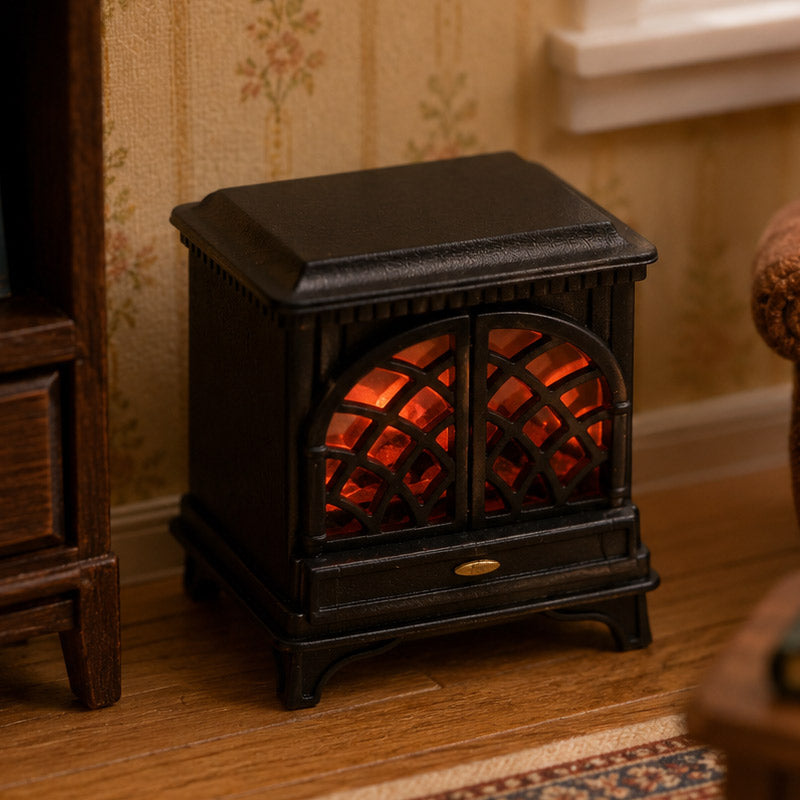 Light-up dollhouse fireplace glowing warmly beside wooden furniture in a cozy vintage living room scene