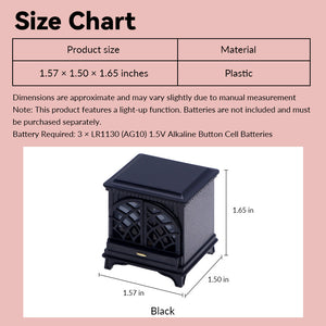 miniature fireplace size chart showing black light-up plastic design in 1:12 scale