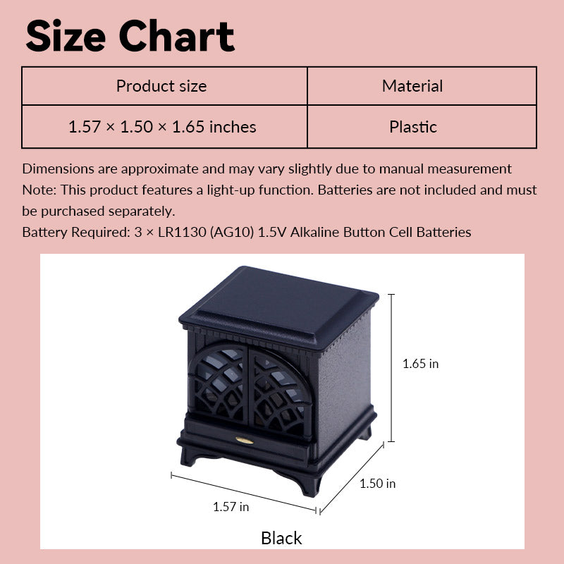 miniature fireplace size chart showing black light-up plastic design in 1:12 scale