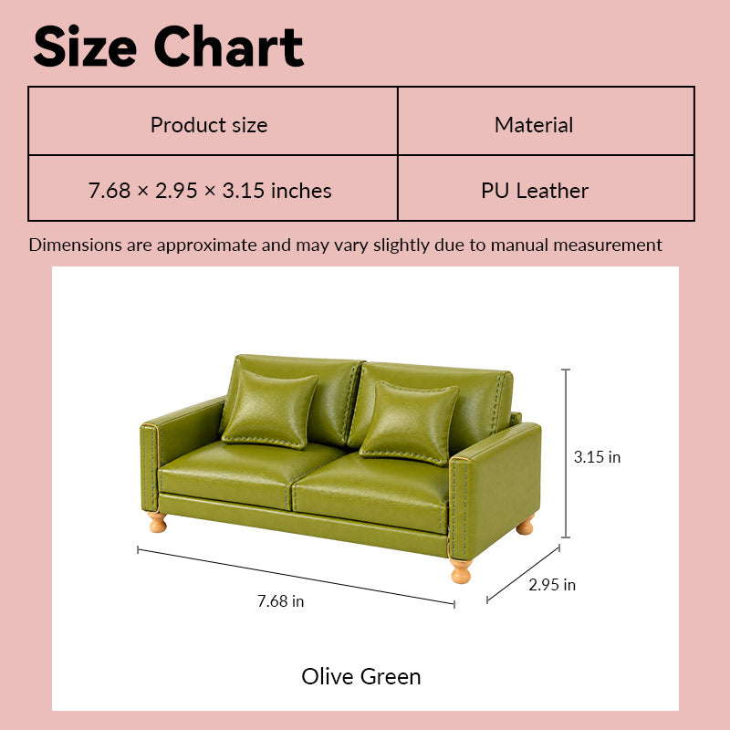 dollhouse leather sofa size chart showing olive green PU style in 1:12 scale