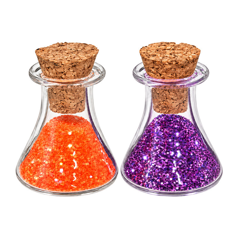 Dollhouse potion bottles with orange and purple glitter, glass bodies and cork stoppers for 1:12 Halloween decor
