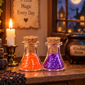 Glitter potion bottles beside a candle and witch's cauldron, adding a magical glow to a cozy alchemy scene