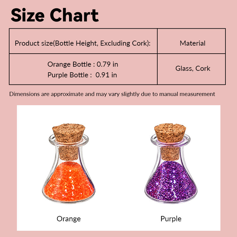 dollhouse potion bottles size chart showing glitter-filled glass set in 1:12 scale