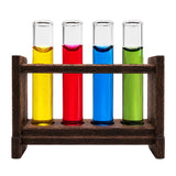 Dollhouse test tubes with four removable glass tubes in bright colors displayed in a rustic wooden rack